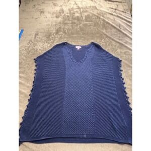 Lilly Pulitzer Navy Blue Knit Pom Pom Poncho Sweater Womens Medium Basketweave